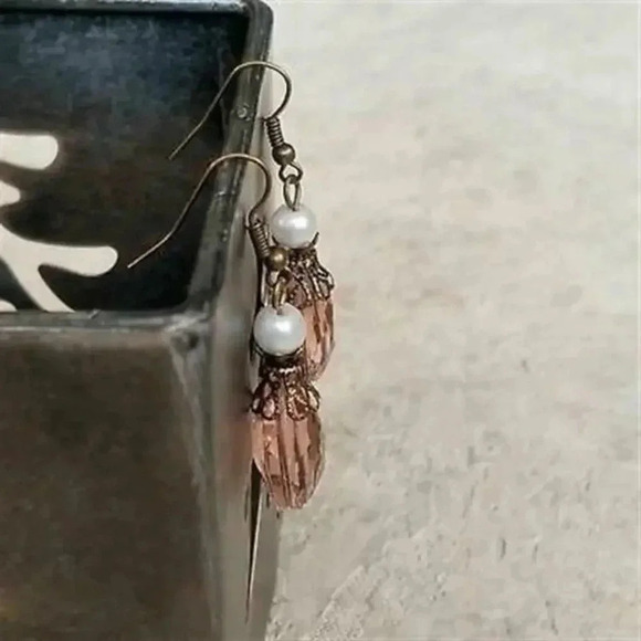 Handmade Steampunk Pink Faceted Glass Teardrop Antiqued Brass Dangle Earrings - Picture 4 of 5